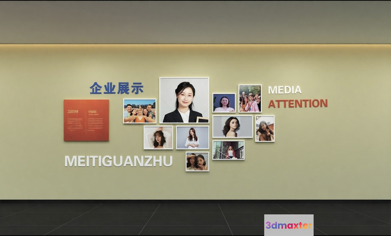 The Main Subject Is A Wall With A Collage Of Photos And Text Featuring 3D Model - 16526 - VRAY Render