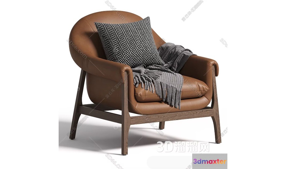 A Brown Leather Chair With A Throw Blanket And Pillow 3D Model - 10230 - CORONA Render
