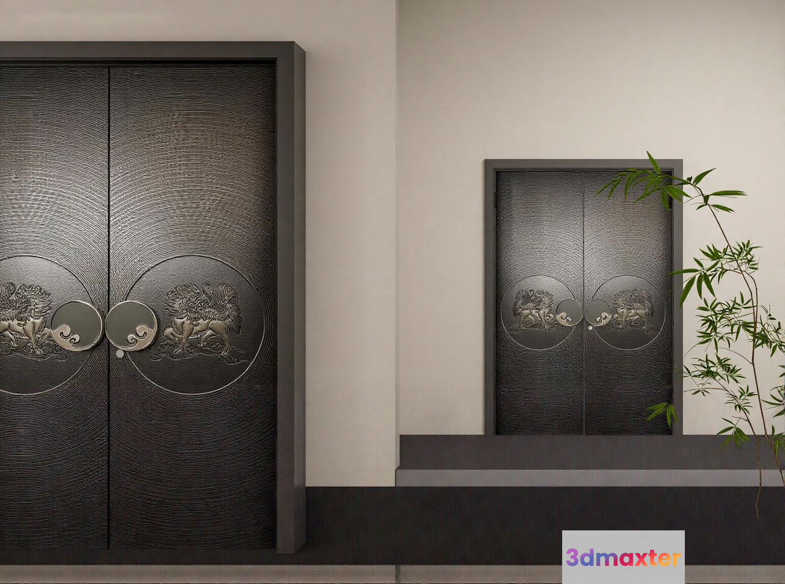 Two Large Dark Gray Doors With Circular Handles 3D Model - 14858 - VRAY Render