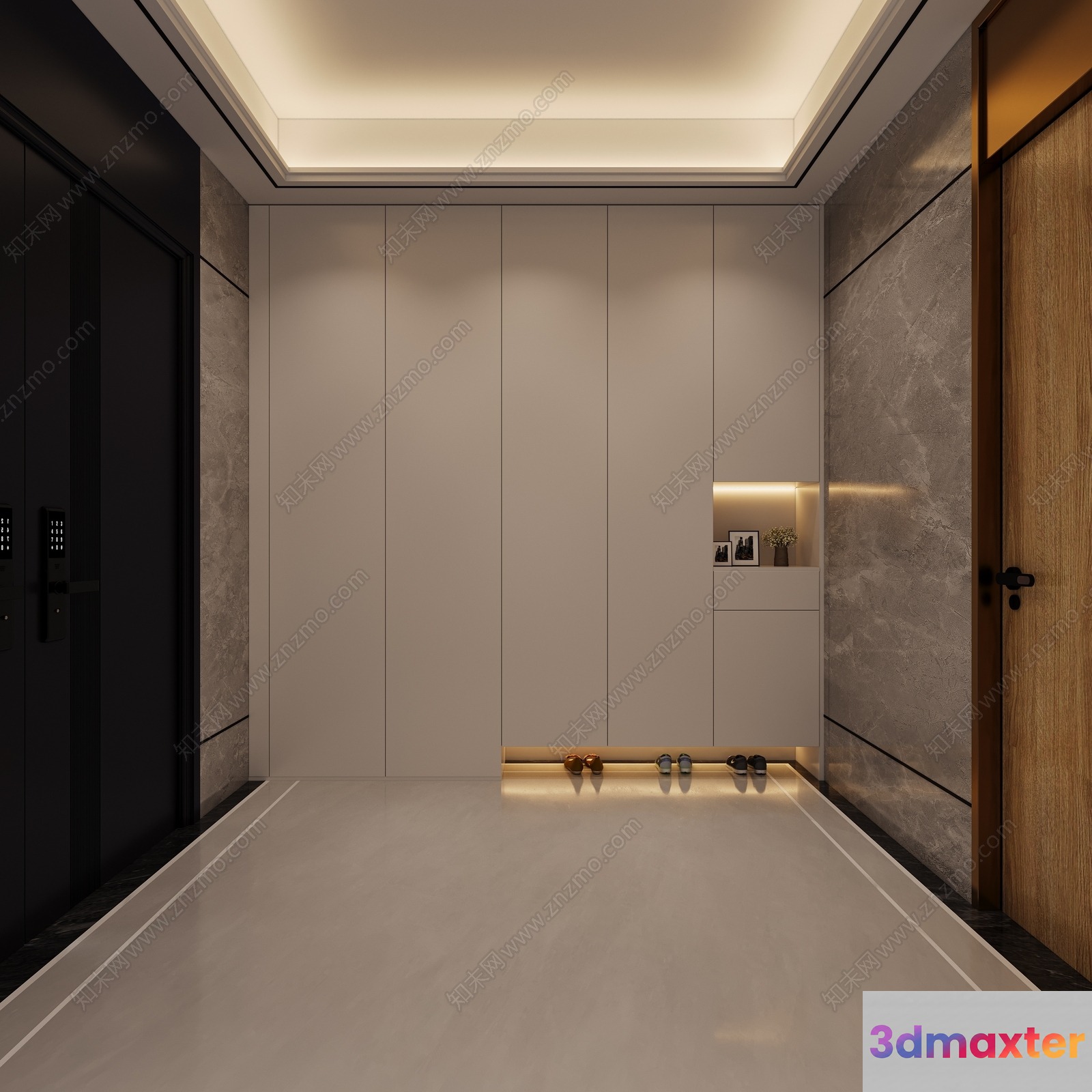 A Hallway With A White Floor And Ceiling Featuring A Row 3D Model - 3486 - VRAY Render
