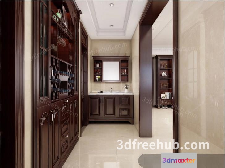 The Main Subject Is A Bathroom With Dark Wood Cabinets 3D Model - 19137 - VRAY Render