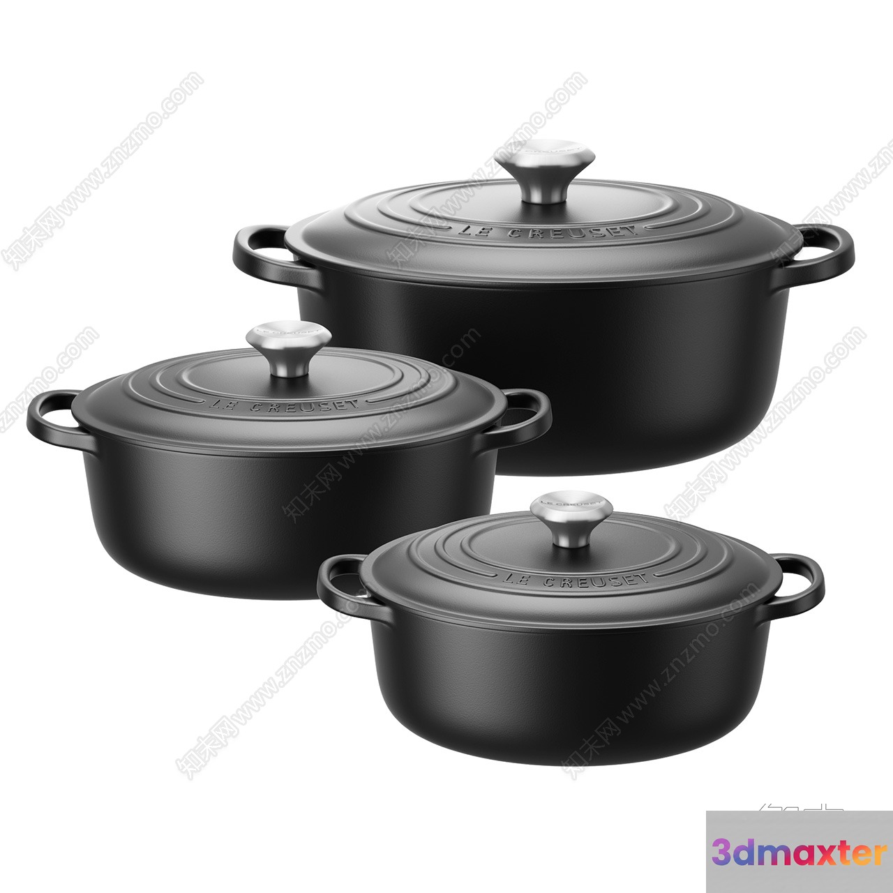 Three Black Pots With Lids 3D Model - 10208 - CORONA Render