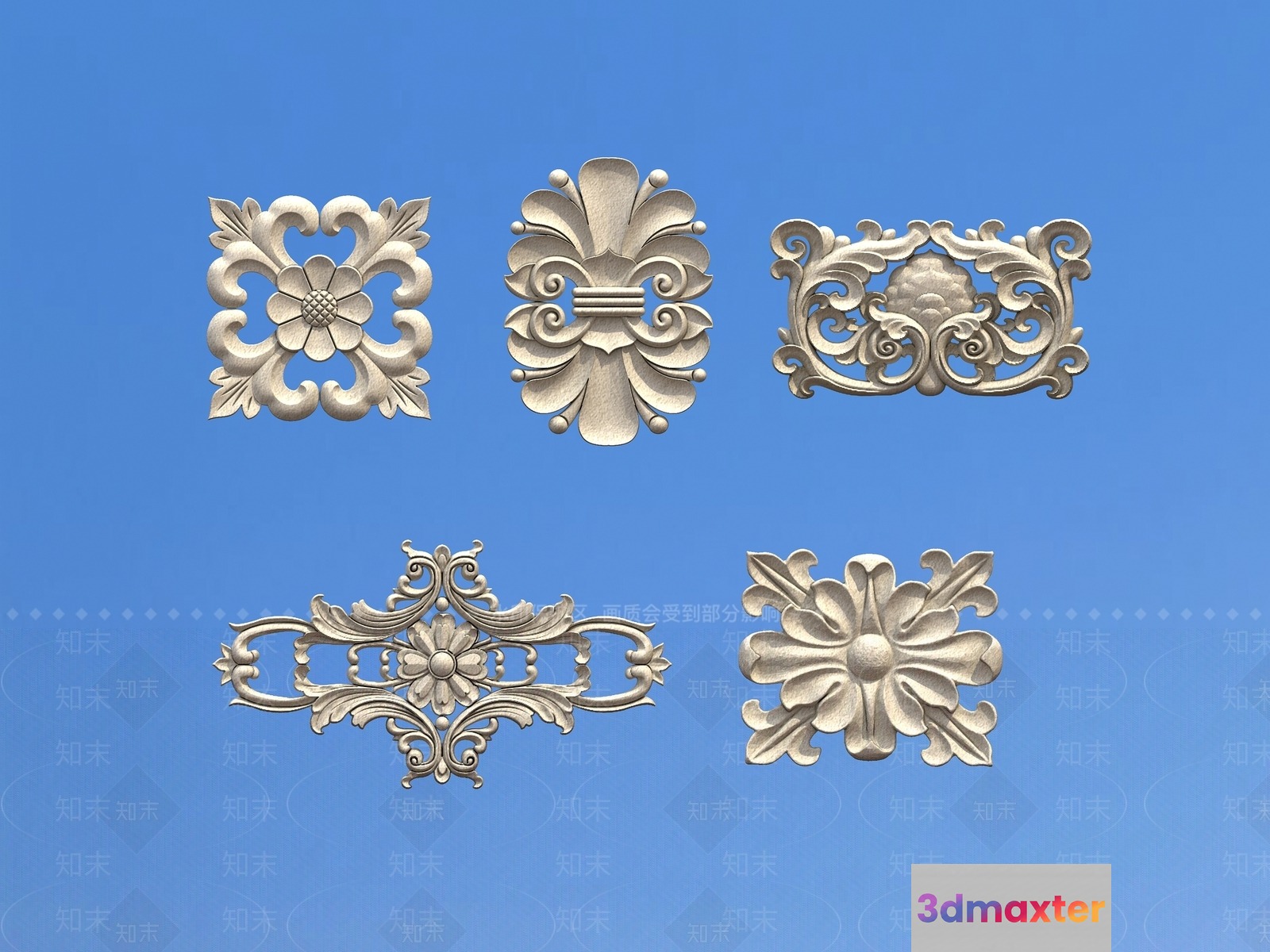 The Image Showcases A Collection Of Decorative Elements Specifically Showcasing A Set Of Five 3D Model - 12453 - VRAY Render