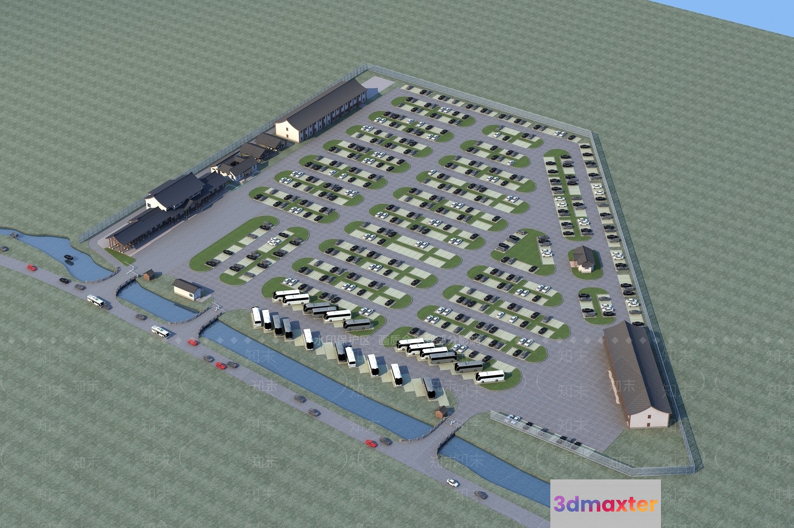 A 3D Rendering Of A Large Parking Lot With Many Cars And Rv 3D Model - 19560 - VRAY Render