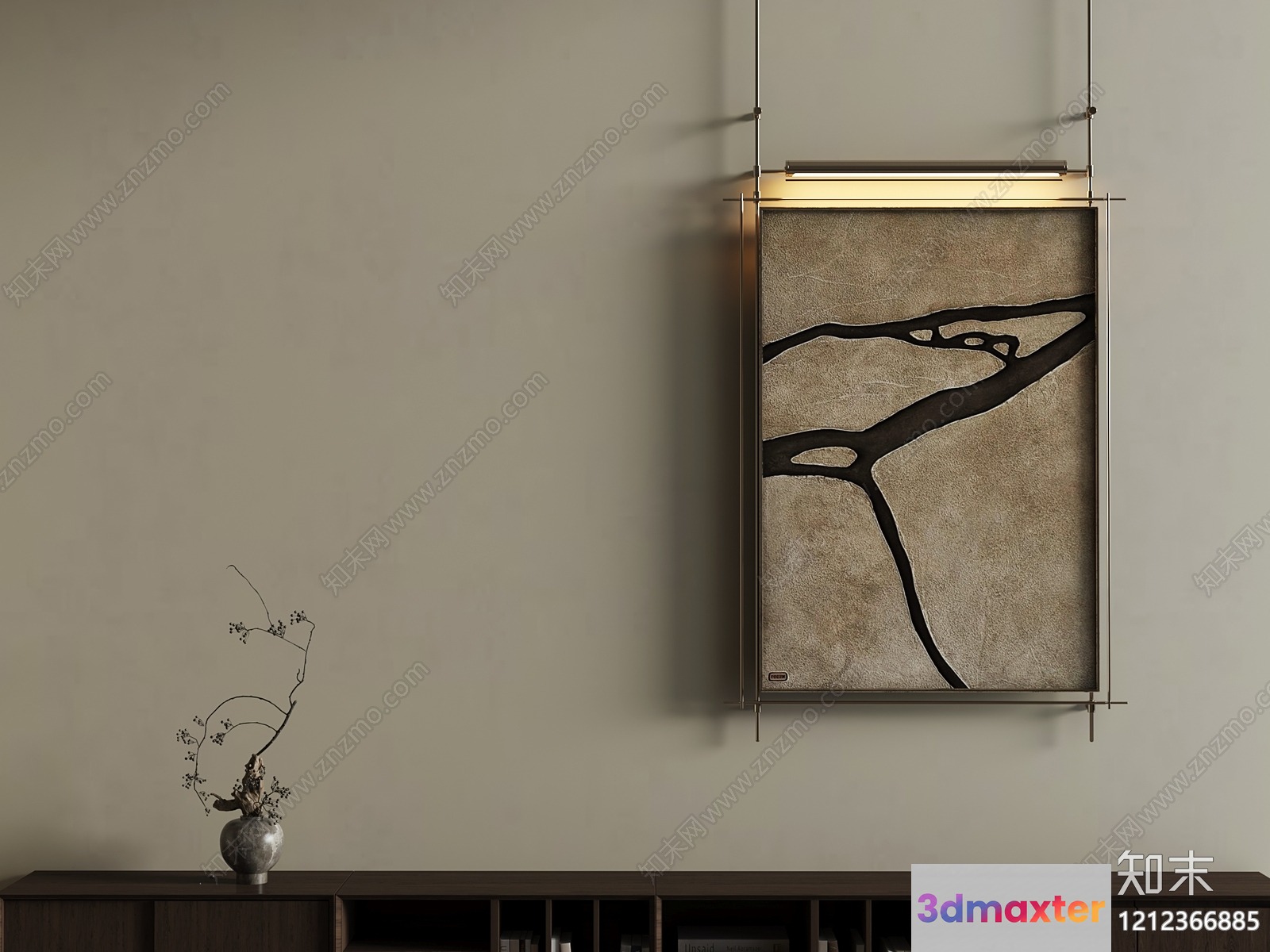 A Minimalist Wall Art Piece With A Light Fixture And A Shelf 3D Model - 15102 - VRAY Render