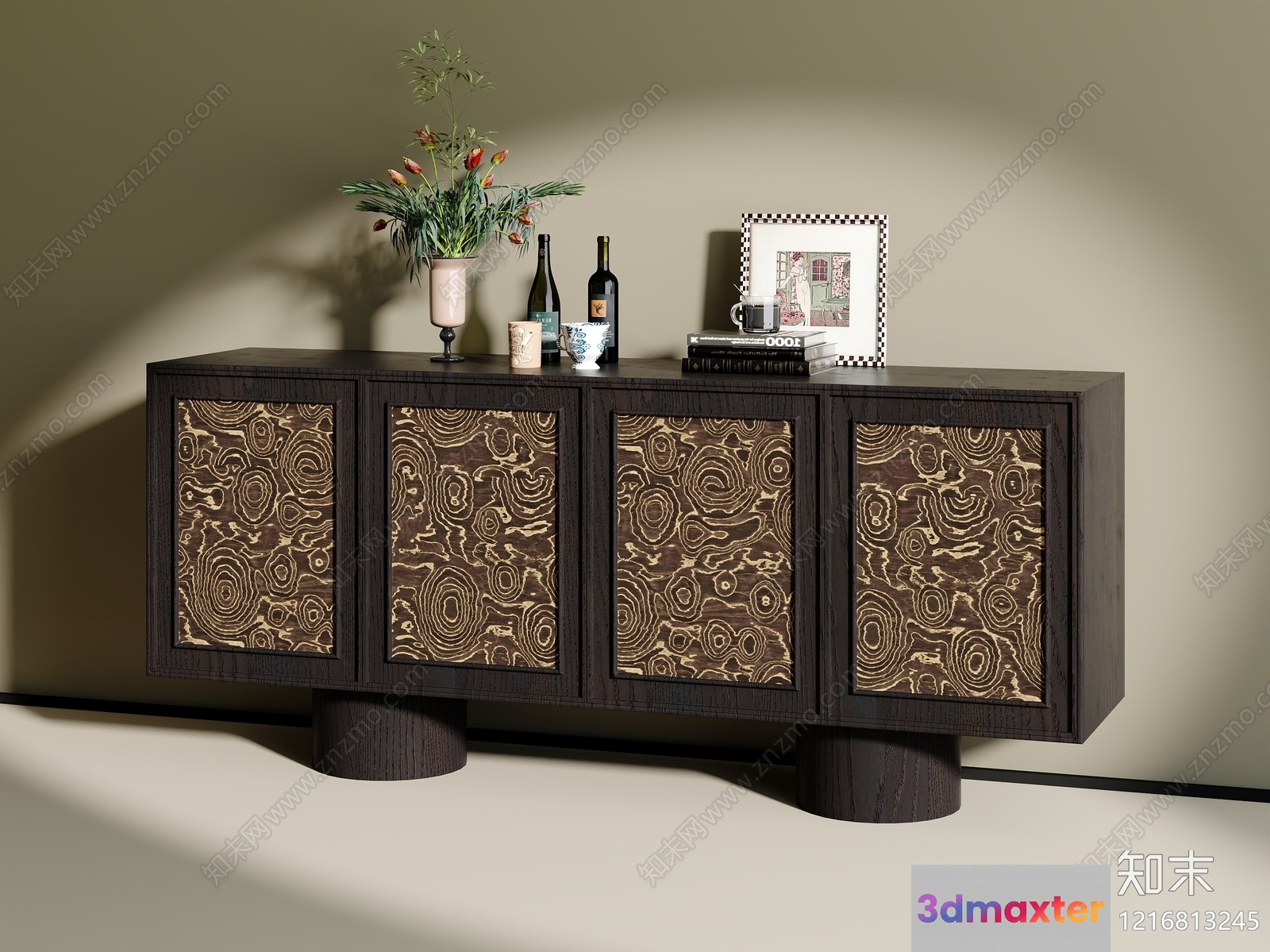 A Dark Brown Cabinet With Gold Accents 3D Model - 18189 - VRAY Render