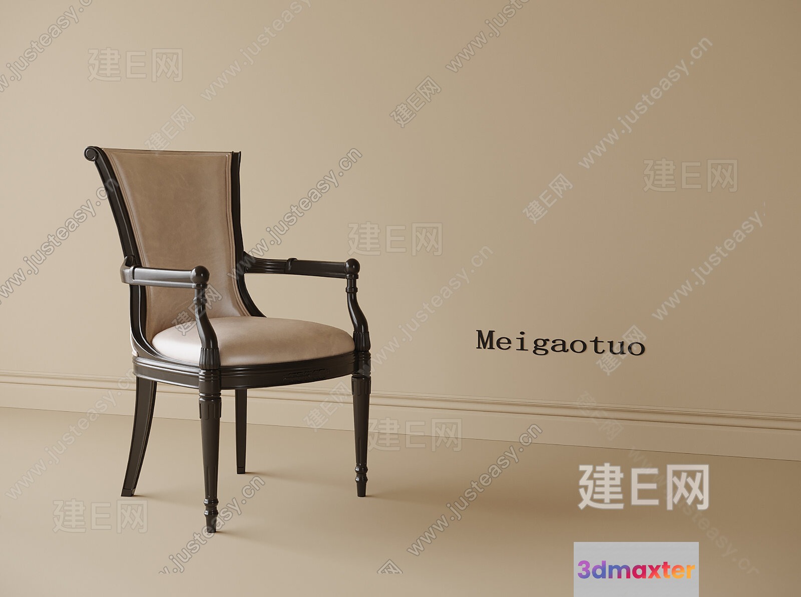A Wooden Chair With Beige Upholstery 3D Model - 3140 - VRAY Render