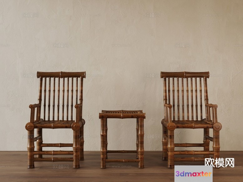 Two Wooden Chairs And A Small Table 3D Model - 11427 - VRAY Render