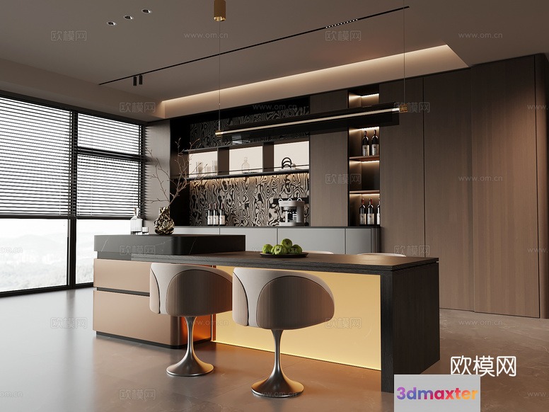 Modern Kitchen With Stools 3D Model - 21050 - VRAY Render