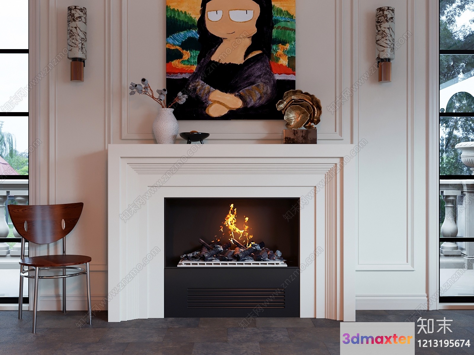 A Modern Fireplace With A Painting Of The Mona Lisa Above It 3D Model - 19584 - VRAY Render