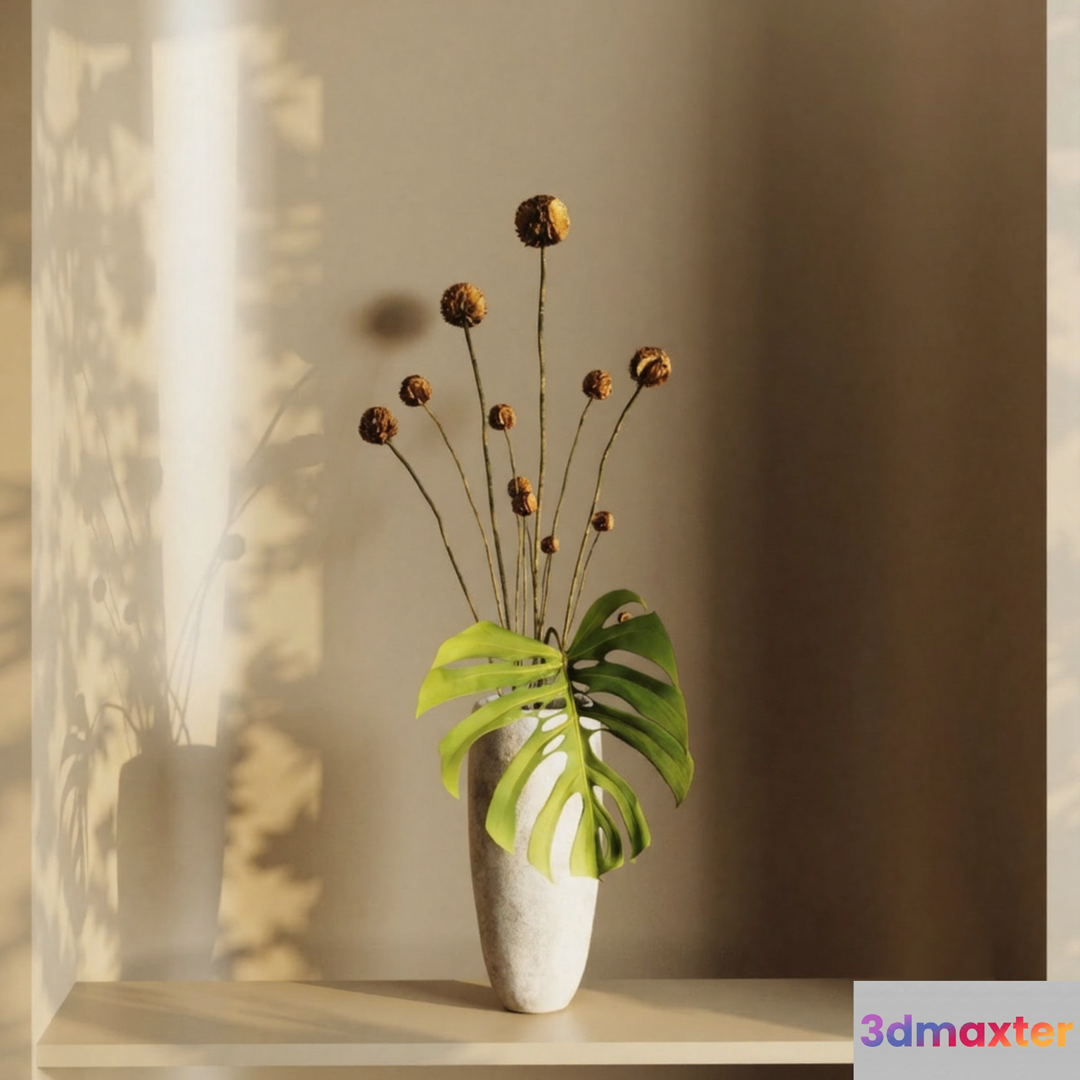 A White Vase With A Green Leaf And Dried Flowers 3D Model - 3677 - VRAY Render