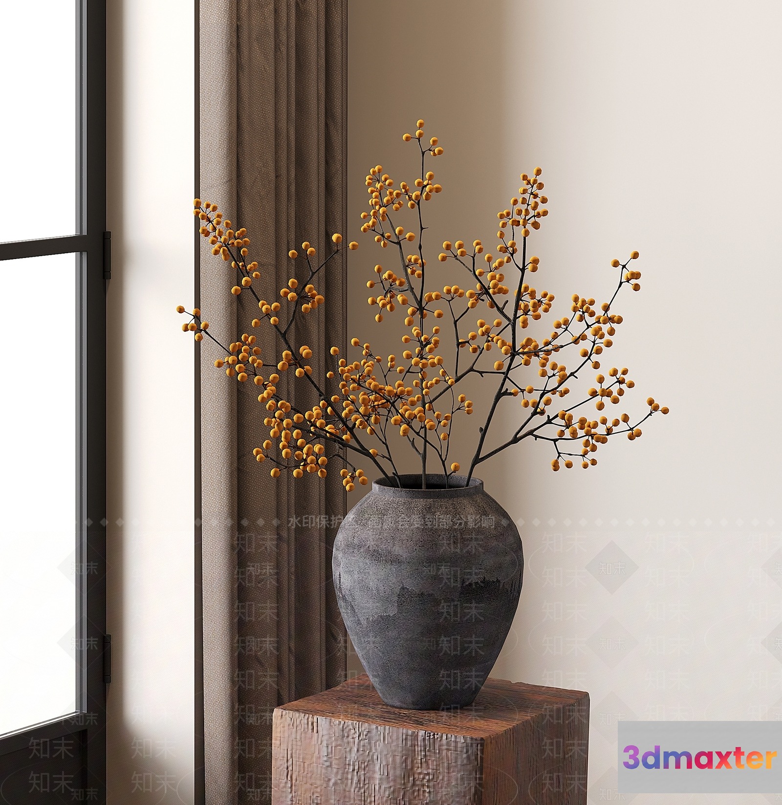 A Decorative Vase With Yellow Berries 3D Model - 973 - VRAY Render