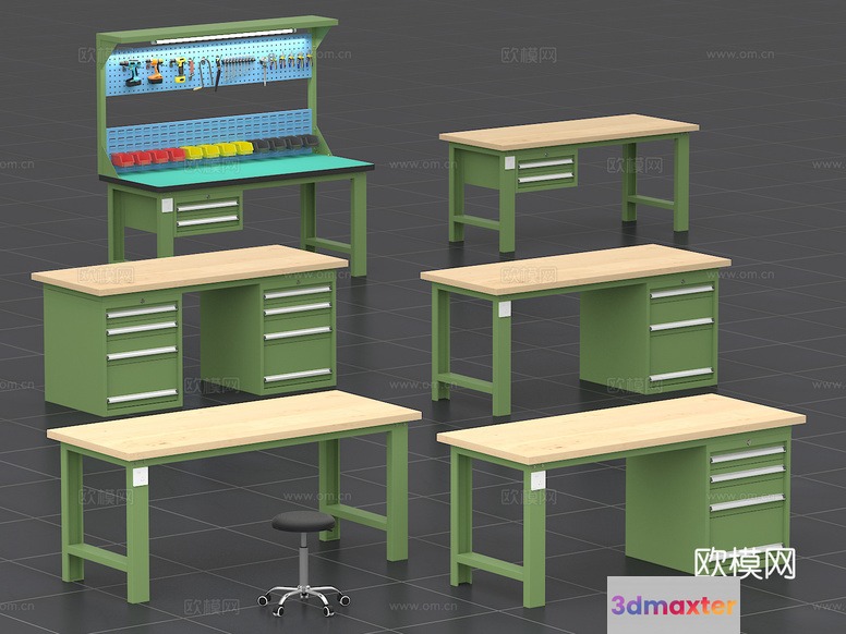 A Green And Light-Colored Wooden Workbench 3D Model - 3126 - VRAY Render