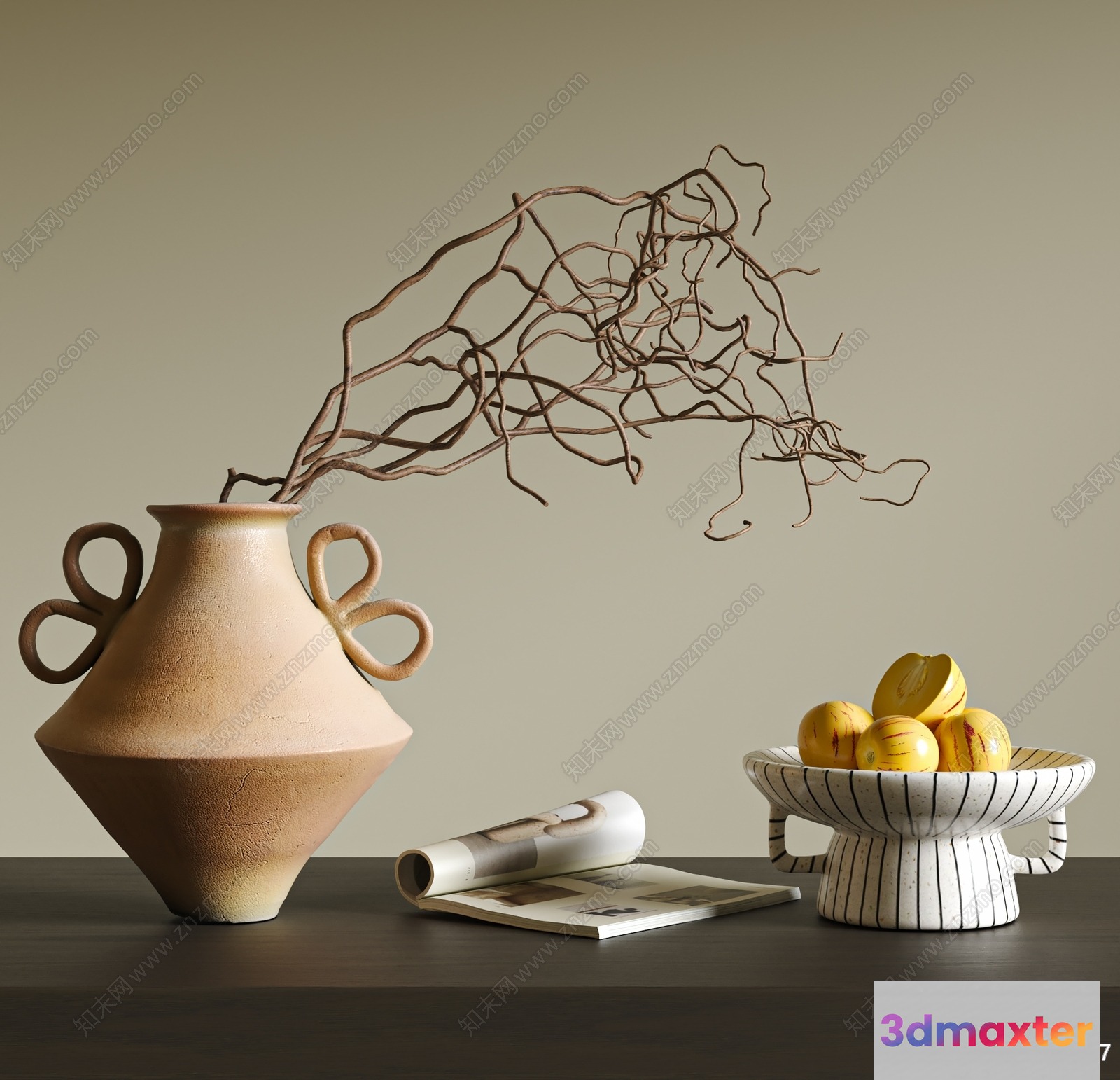 A Beige Vase With A Unique Handle 3D Model - 12588 - VRAY Render
