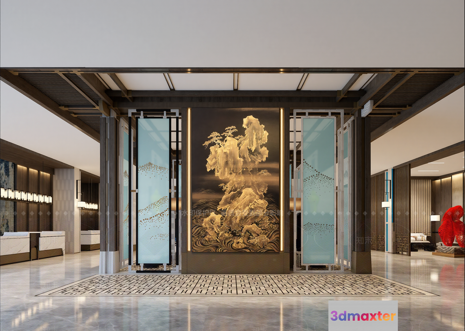 A Large Gold-Colored Painting Of A Tree In A Room With A Modern 3D Model - 18312 - VRAY Render