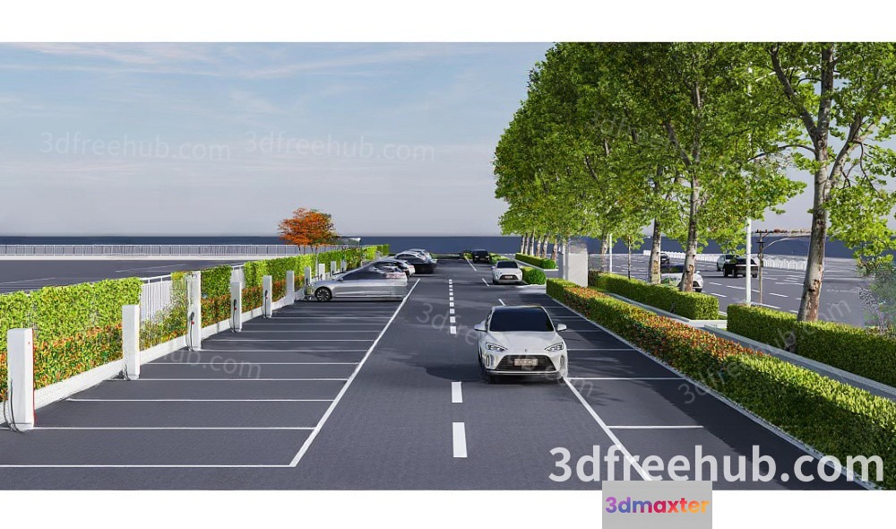 A 3D Rendering Of A Parking Lot With Cars And Trees 3D Model - 22685 - VRAY Render