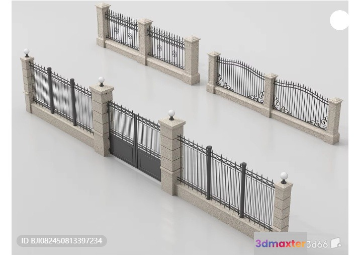 Fence With Stone Pillars 3D Model - 3311 - VRAY Render