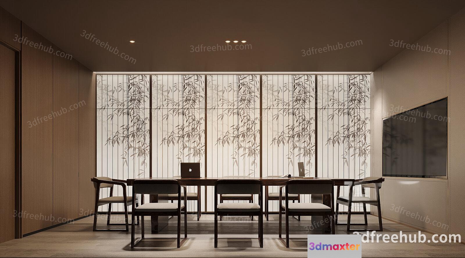 A Minimalist Office Space With A Table And Chairs 3D Model - 22452 - VRAY Render