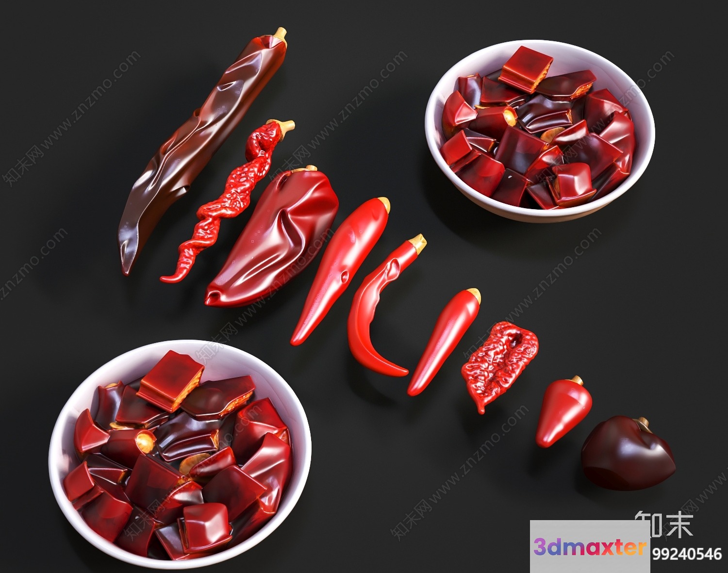 Red Chili Peppers In Bowls 3D Model - 5658 - VRAY Render