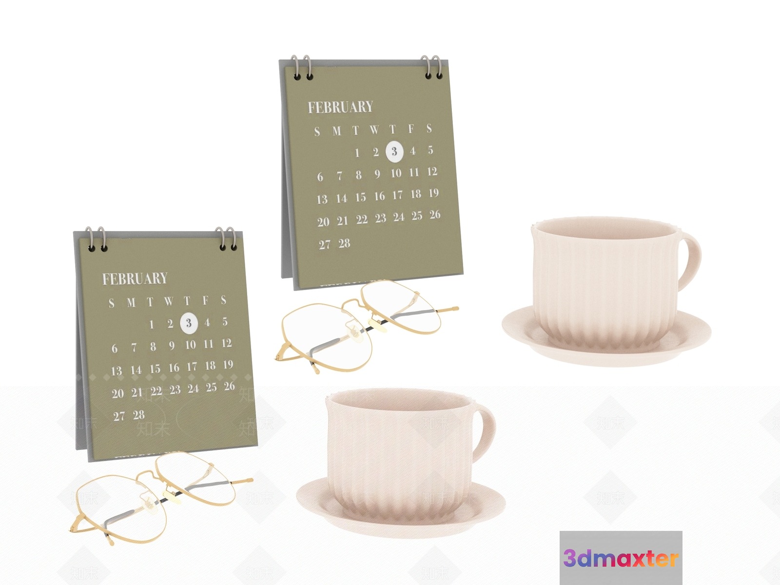 A Desk Calendar With Glasses And Cups 3D Model - 14097 - VRAY Render