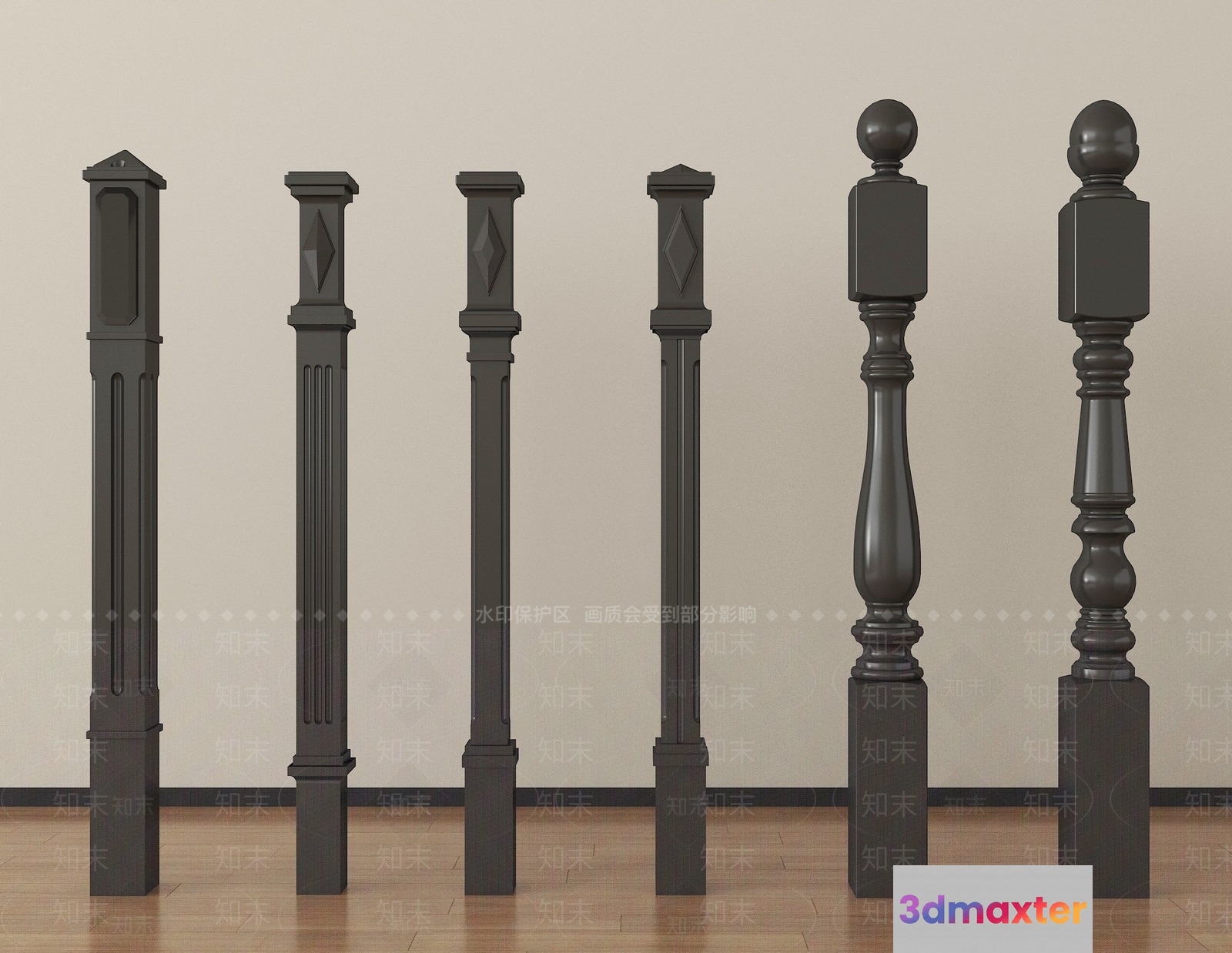 Seven Dark Gray Wooden Posts 3D Model - 2585 - VRAY Render
