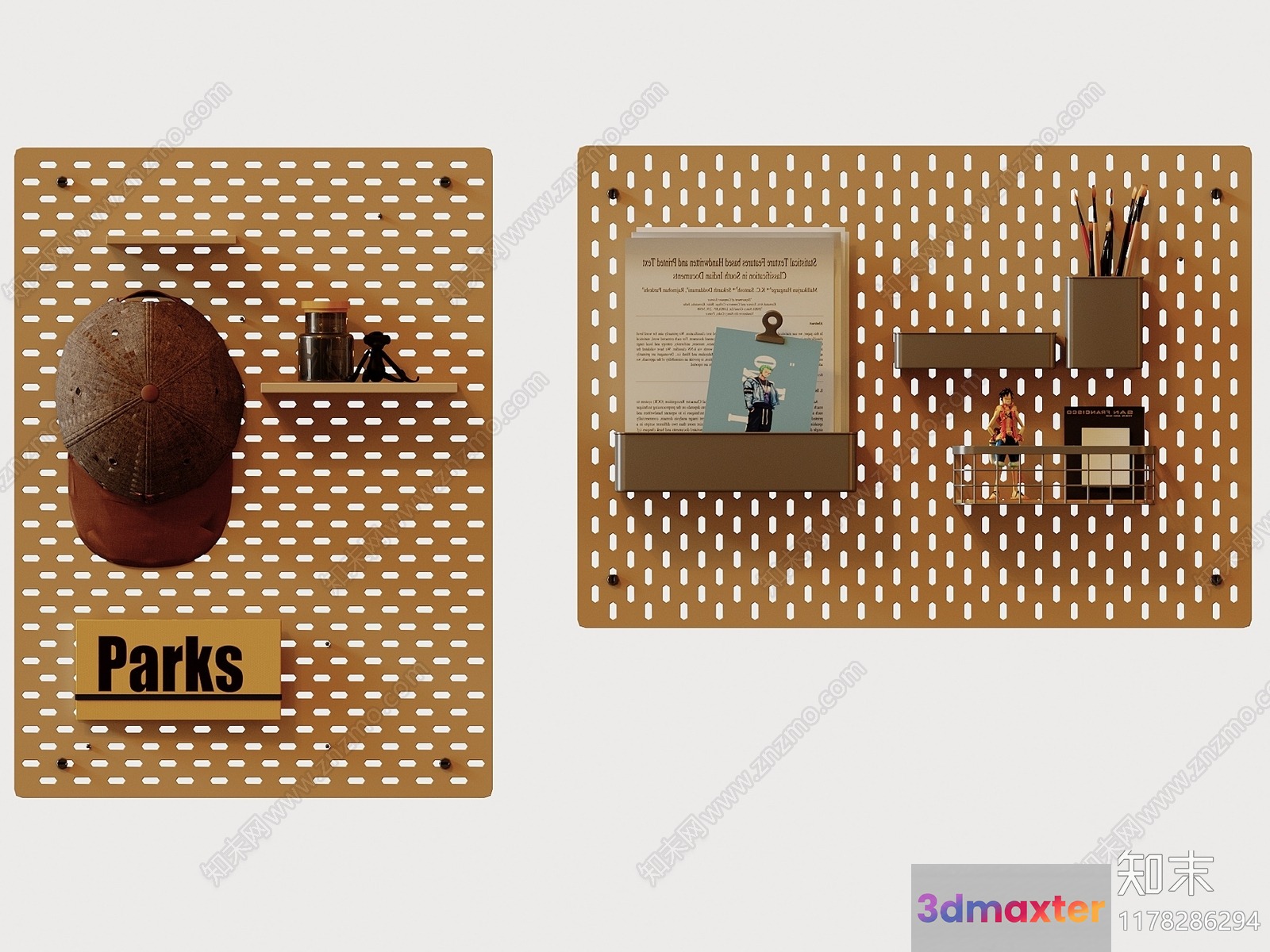 Wooden Pegboard With Various Items On It 3D Model - 4123 - VRAY Render