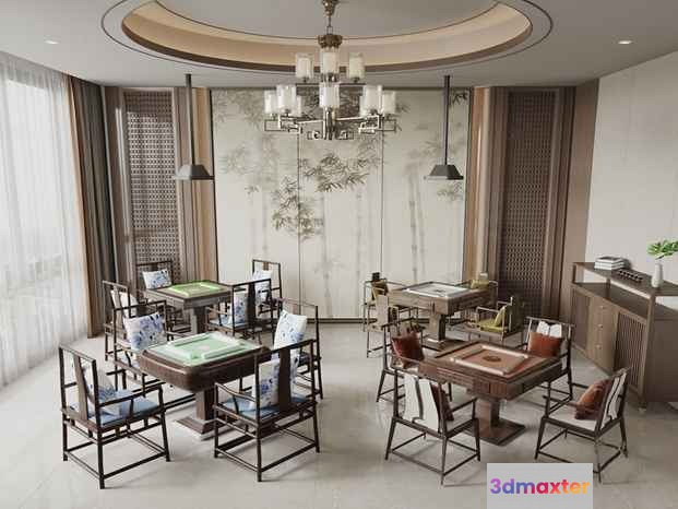 The Single Main Subject Is A Dining Room With Wooden Tables And Chairs 3D Model - 7747 - VRAY Render
