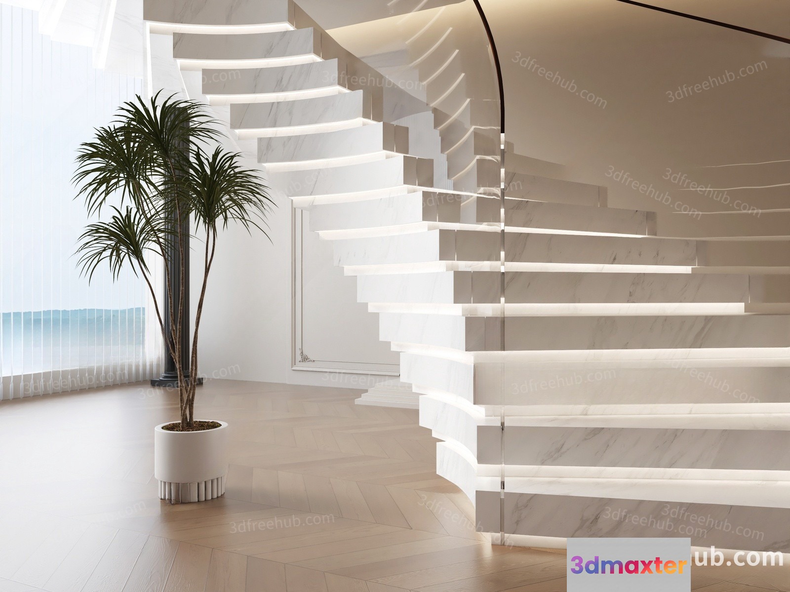 A Modern Staircase With A Potted Plant 3D Model - 21292 - VRAY Render