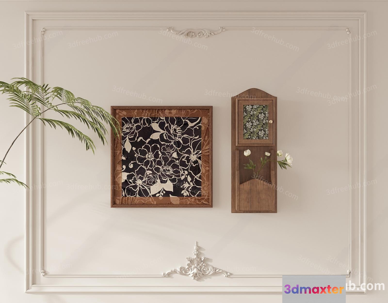 A Framed Piece Of Art With A Floral Design Hanging On A Wall 3D Model - 22000 - VRAY Render