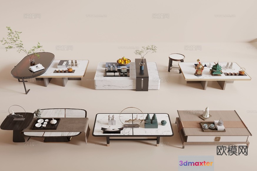 A Collection Of Tables With Various Decorative Items 3D Model - 15572 - CORONA Render