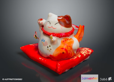 A Ceramic Cat Figurine With A Red Pillow 3D Model - 19167 - VRAY Render