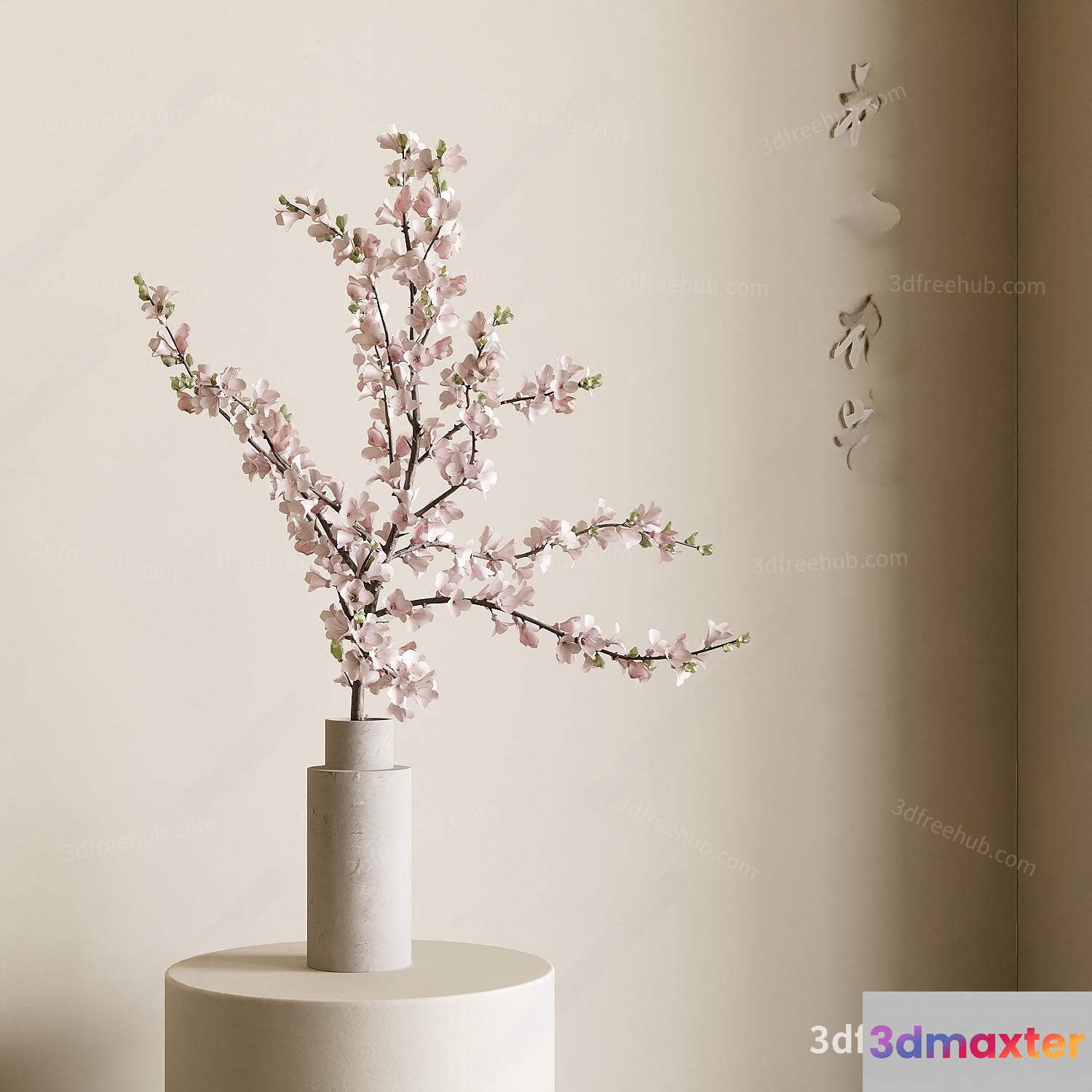 A White Vase With A Branch Of Flowers 3D Model - 22928 - VRAY Render