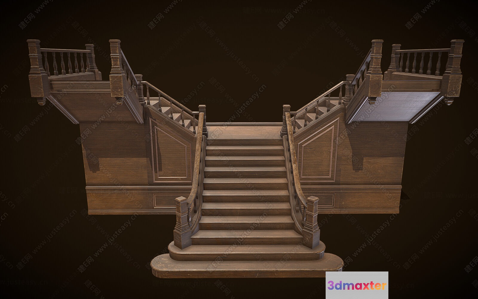 Wooden Staircase With Railings 3D Model - 15128 - VRAY Render
