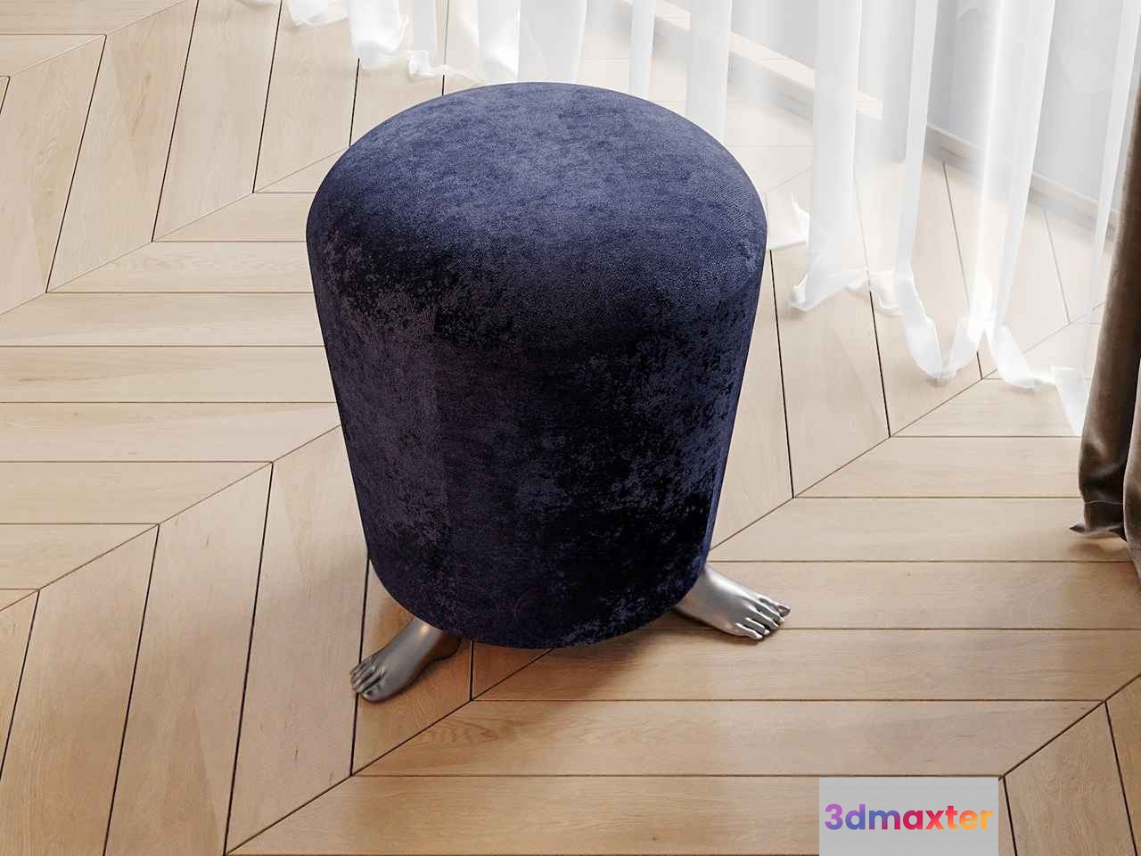 A Blue Velvet Stool With Silver Feet 3D Model - 10668 - CORONA Render