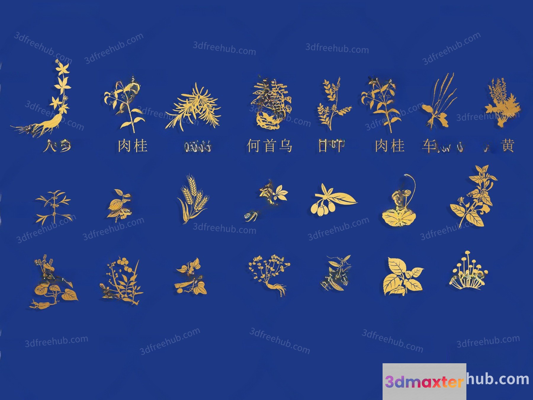 The Image Features A Collection Of Gold Flowers On A Blue Background 3D Model - 18998 - VRAY Render