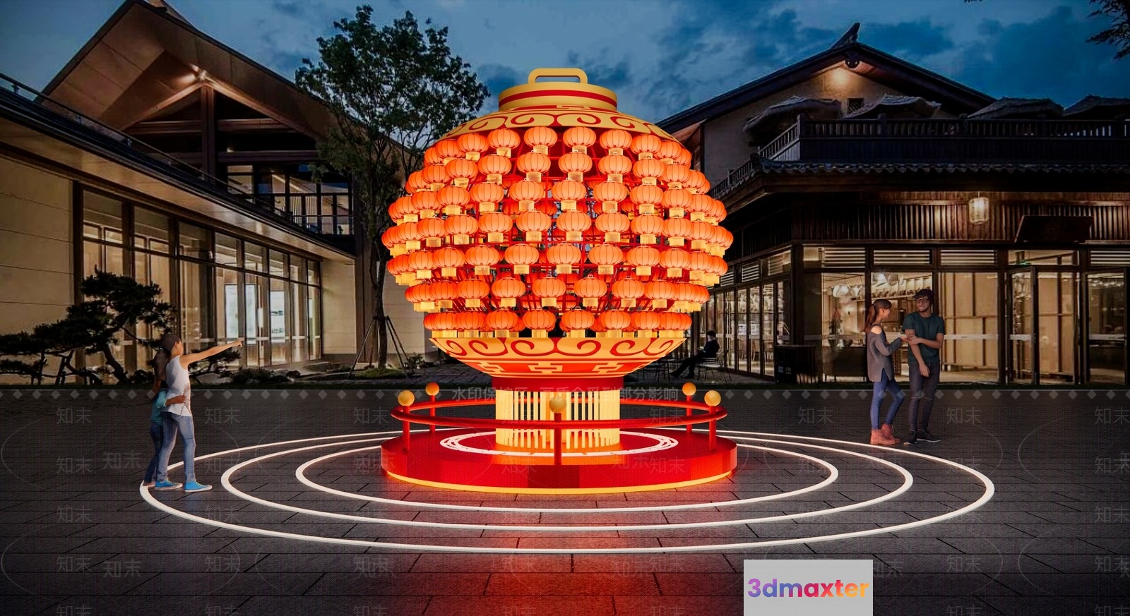 A Large Red And Gold Chinese Lantern 3D Model - 18861 - VRAY Render