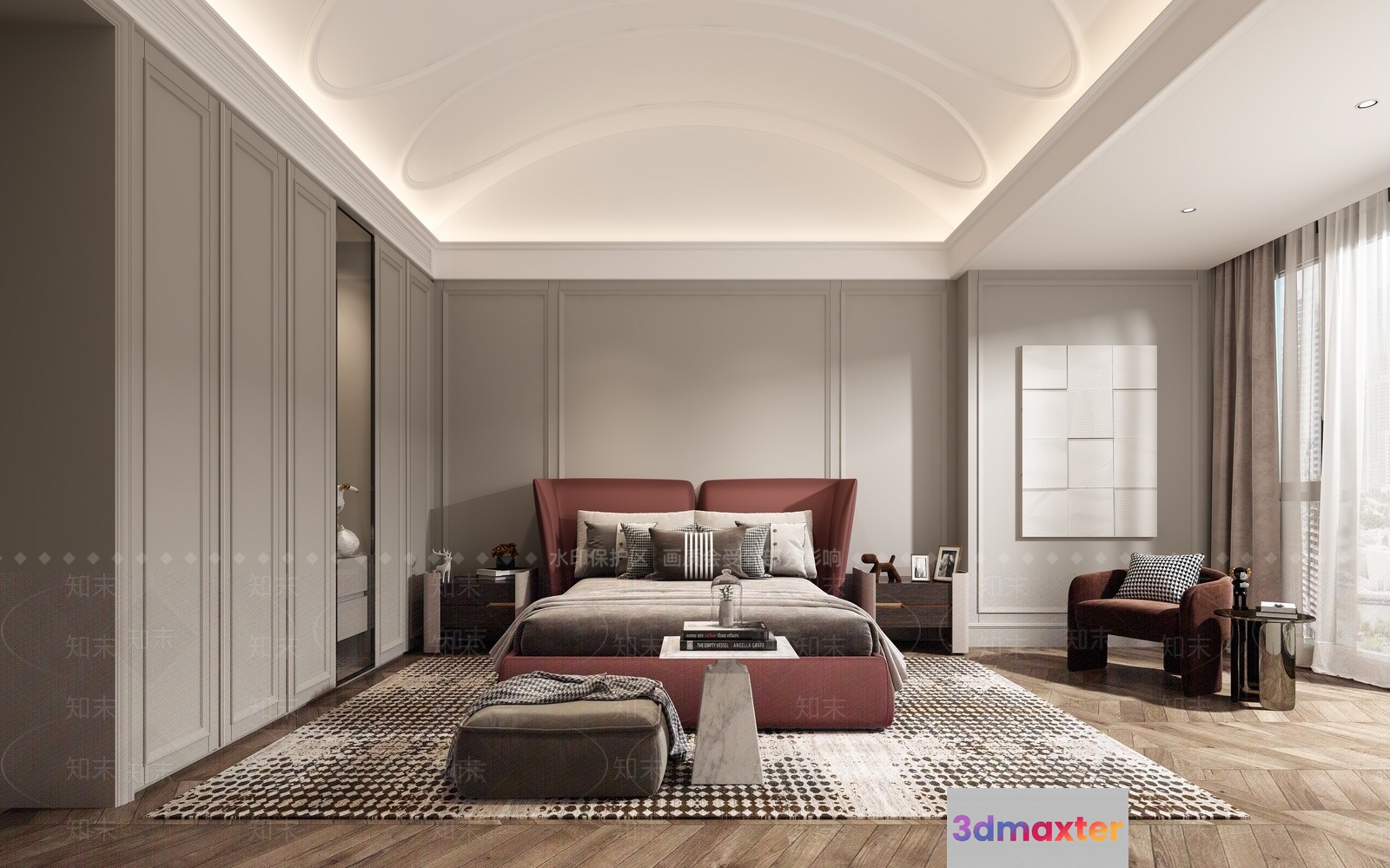 Modern Bedroom With A Large Bed 3D Model - 10661 - VRAY Render