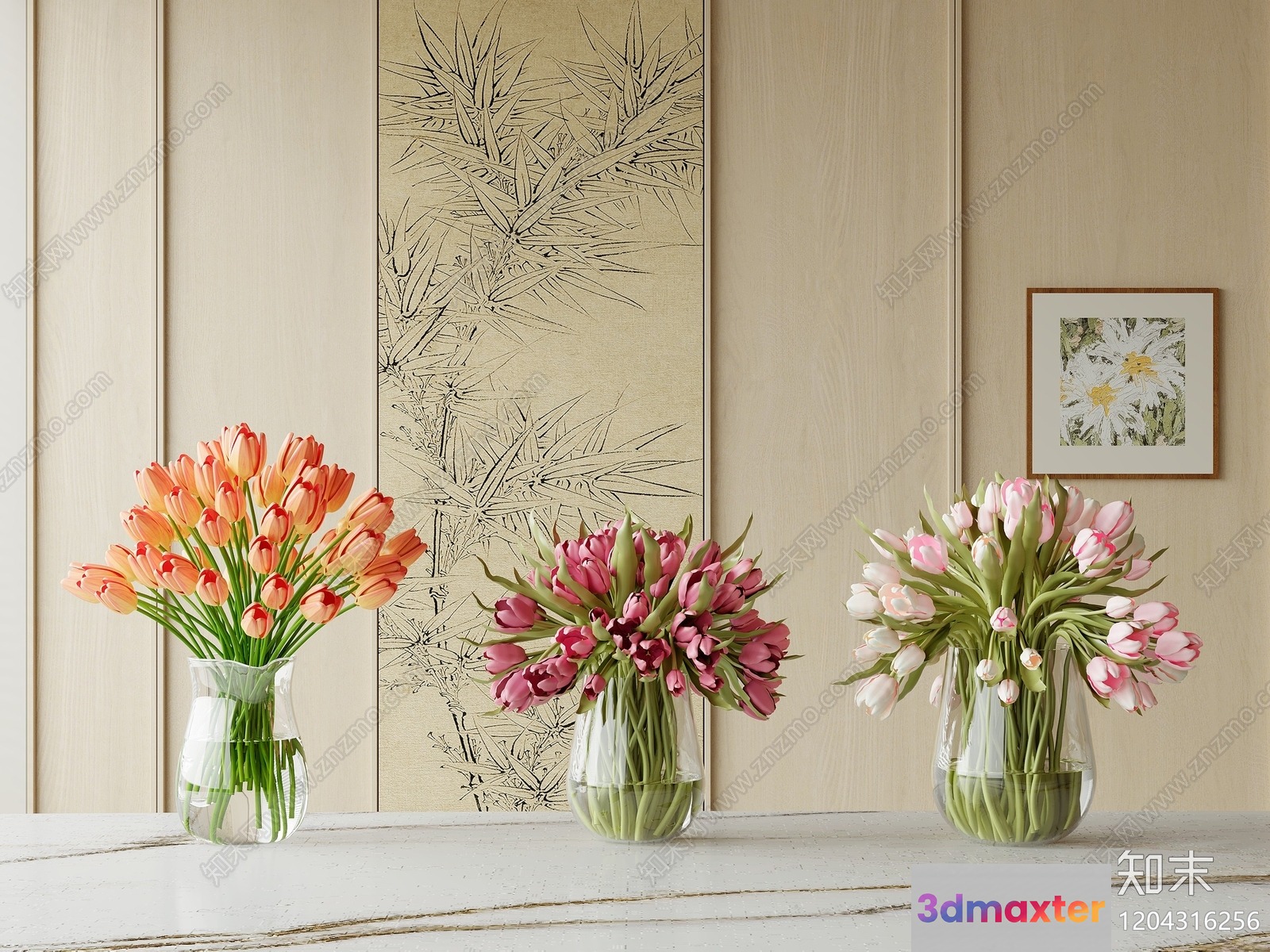Three Vases Of Tulips 3D Model - 1663 - VRAY Render