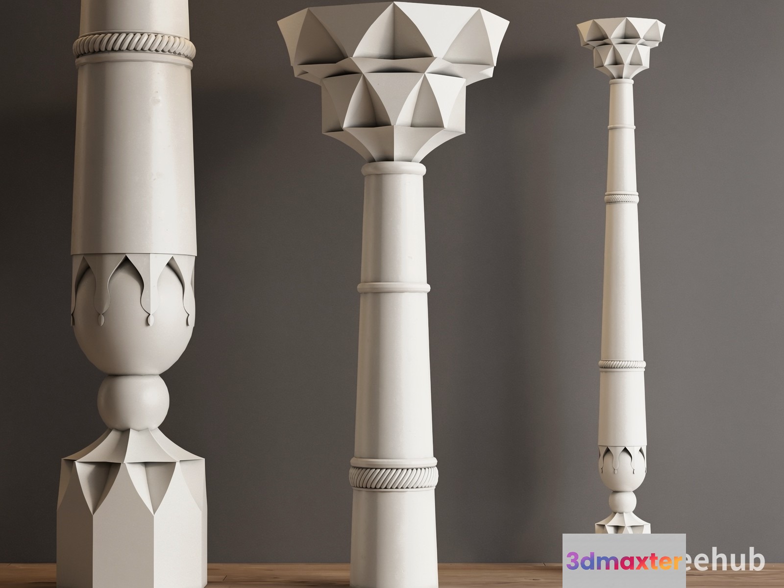 Three 3D-Rendered White Pillars With Ornate Designs 3D Model - 21534 - VRAY Render