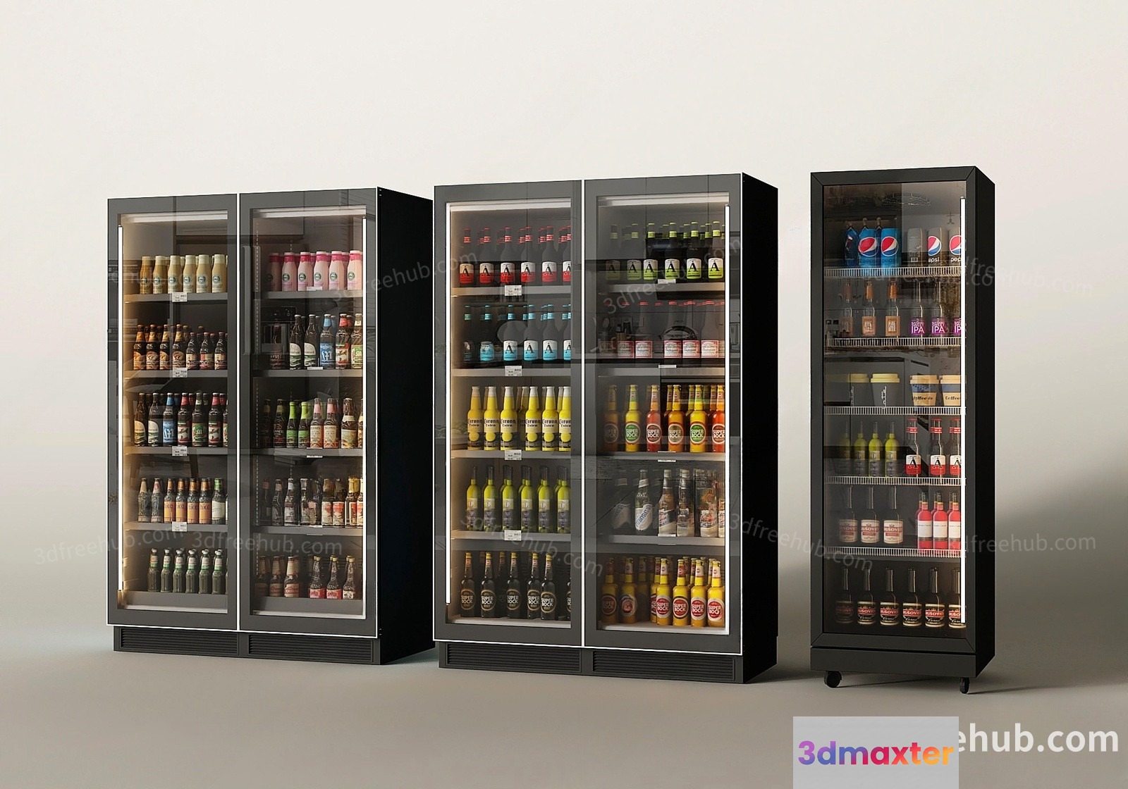 Three Glass-Door Refrigerators 3D Model - 20955 - VRAY Render