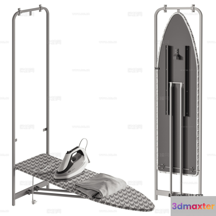 A Freestanding Ironing Board With An Iron And A Folded Grey Towel 3D Model - 9007 - VRAY Render