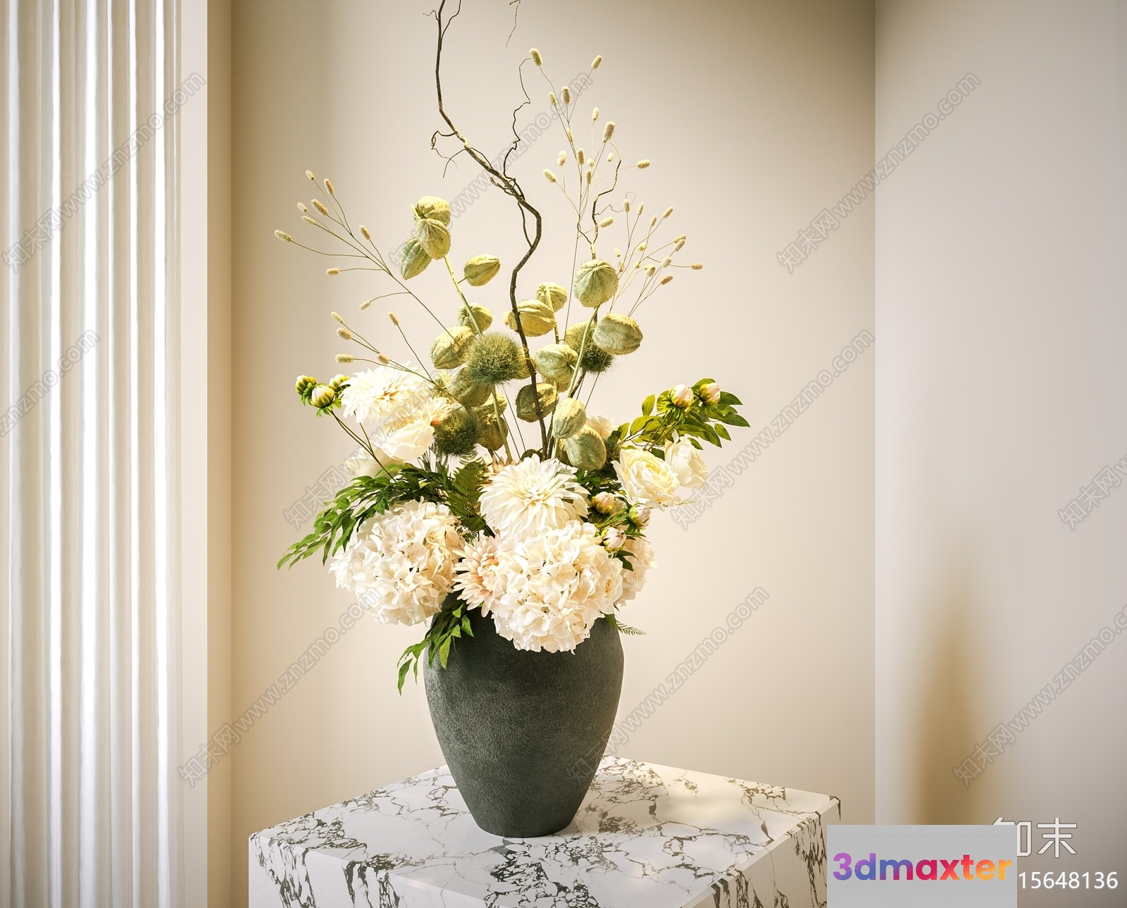 A Vase Of White Flowers 3D Model - 23671 - VRAY Render