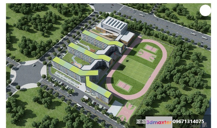 Aerial View Of A School Building With A Sports Field 3D Model - 274 - VRAY Render