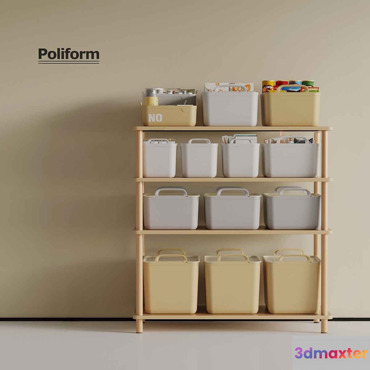 A Storage Shelf With Plastic Containers 3D Model - 11724 - VRAY Render