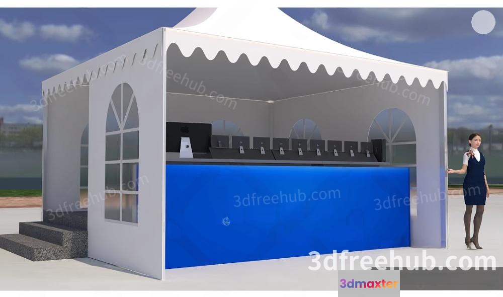 3D Model Of A White Tent With A Blue Counter 3D Model - 19929 - VRAY Render