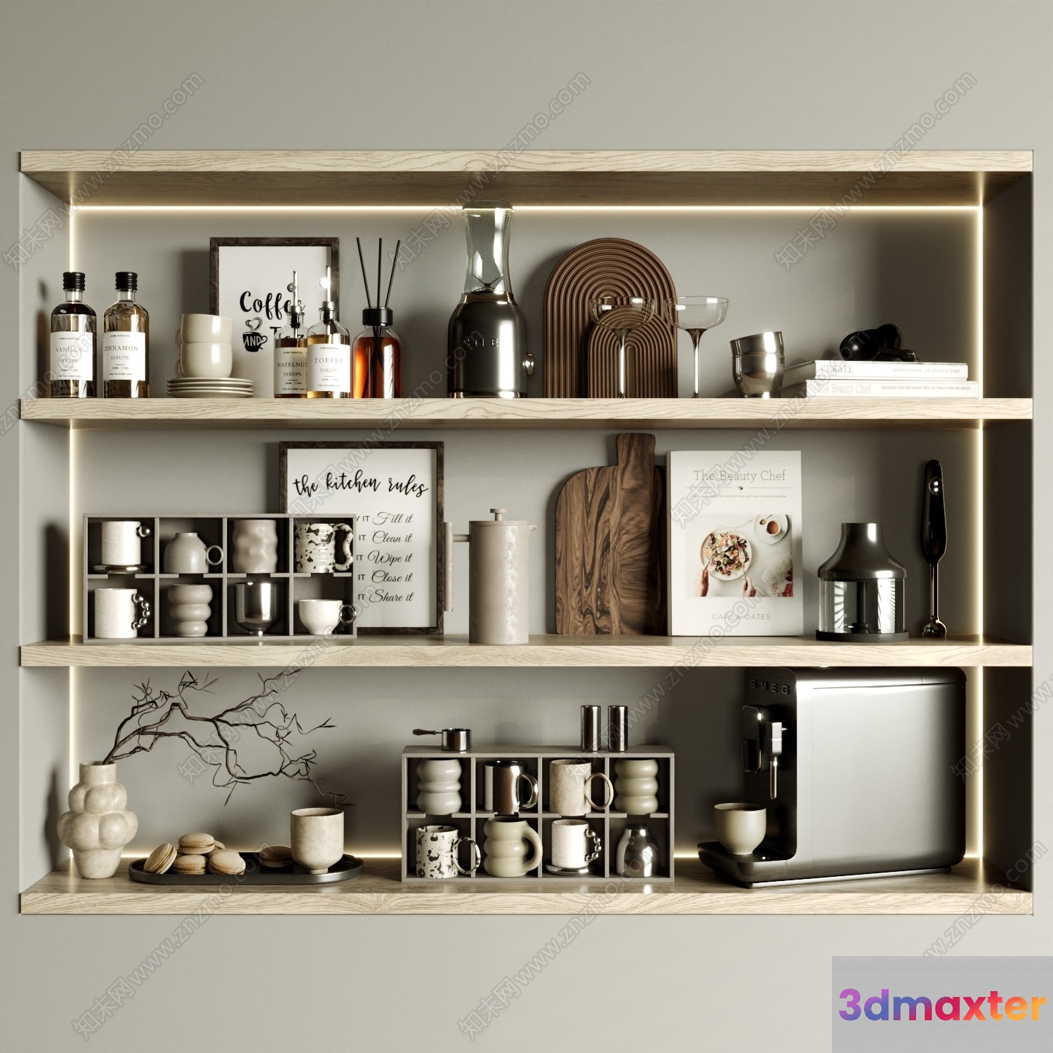A Kitchen Shelf With Various Items 3D Model - 12904 - VRAY Render