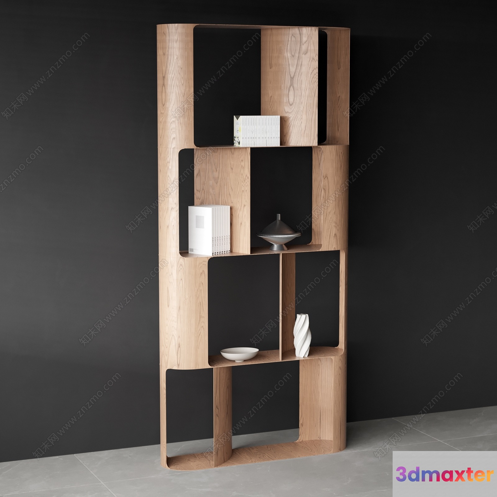 A Wooden Shelf With Various Decorative Items 3D Model - 15897 - VRAY Render
