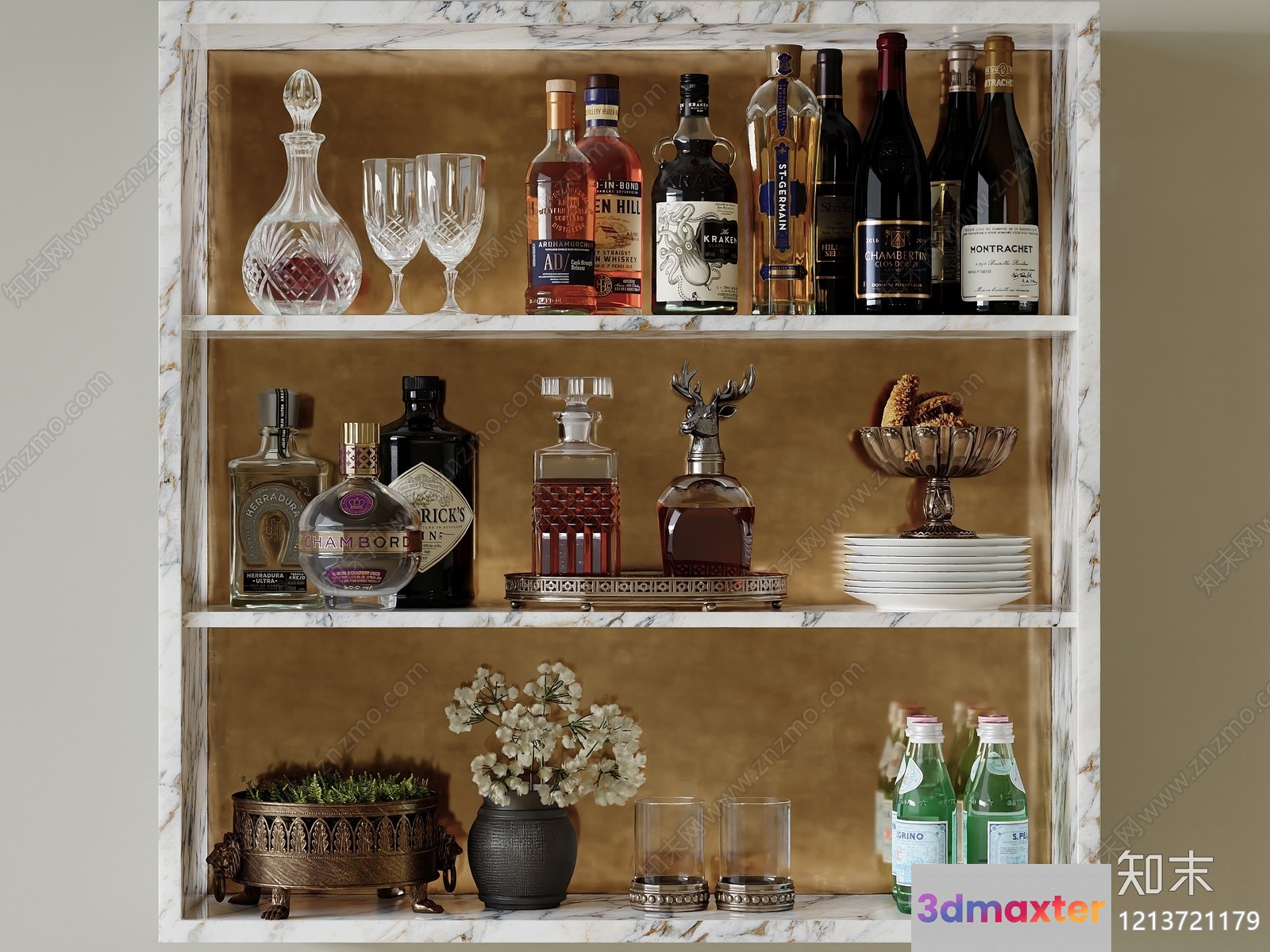 Marble Shelf With Various Bottles And Glasses 3D Model - 12923 - VRAY Render