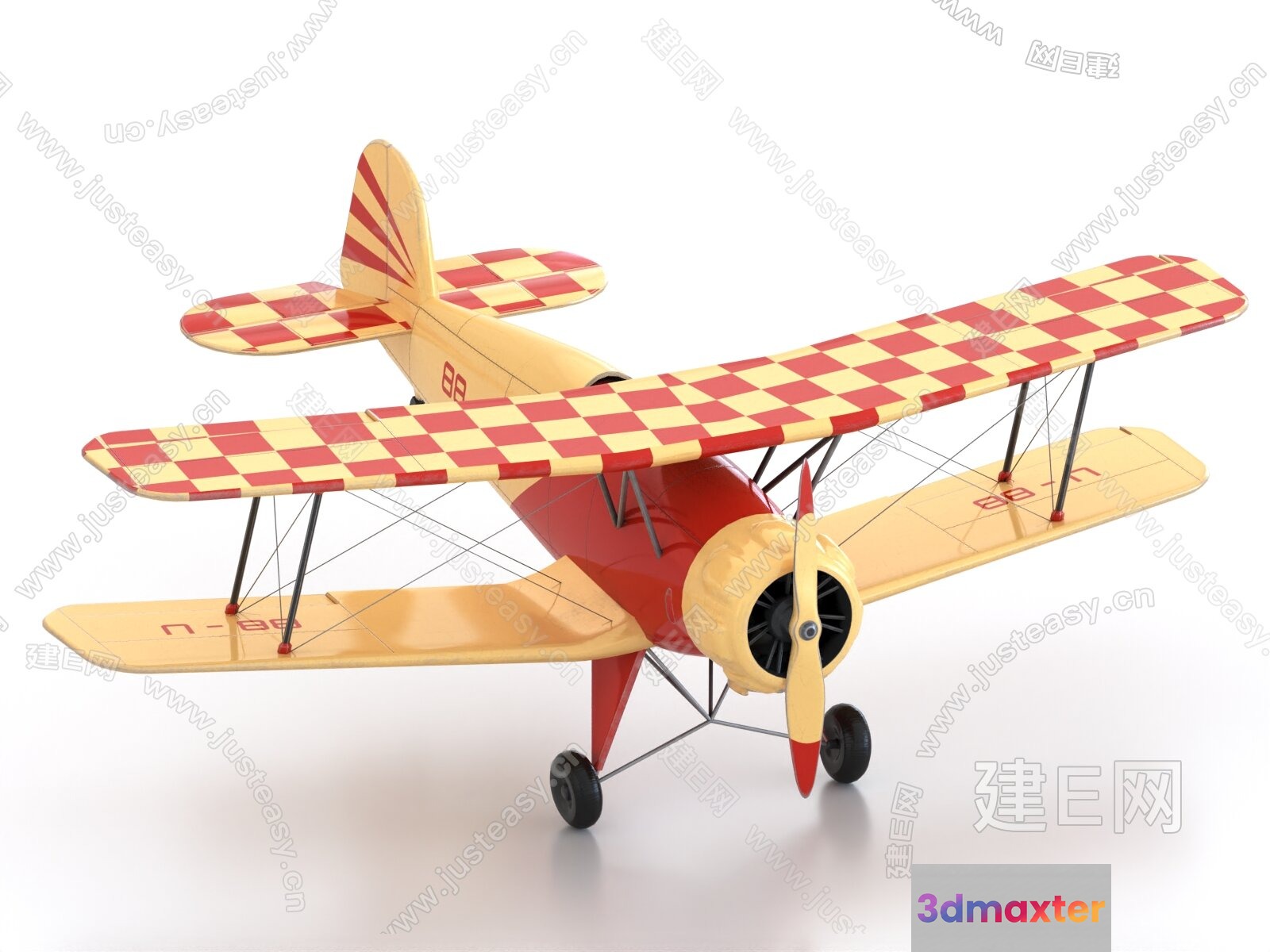 A Toy Biplane With A Red And Yellow Checkered Pattern 3D Model - 8325 - VRAY Render