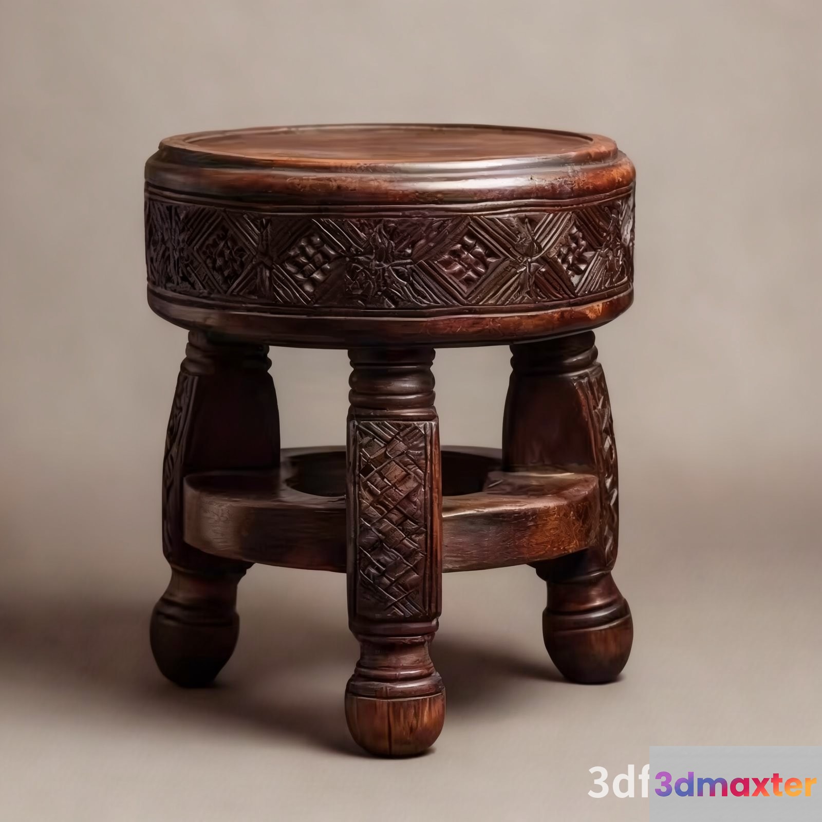 Wooden Stool With Intricate Carvings 3D Model - 19920 - VRAY Render